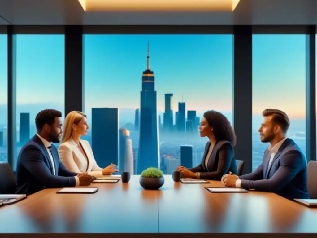 Profesionales inmobiliarios analizan datos en moderna sala de reuniones Profesionales del mercado inmobiliario revisando datos en moderna sala de juntas con vista a la ciudad