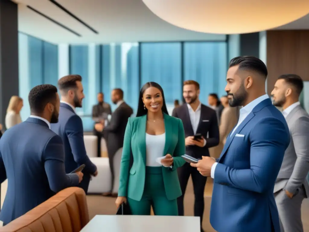 Networking profesional en la industria inmobiliaria Profesionales del mercado inmobiliario construyendo Networking en un evento moderno y vibrante