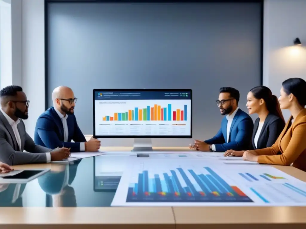 Profesionales analizan mercado inmobiliario en oficina moderna Profesionales en mesa de reuniones discutiendo análisis de mercado inversiones inmobiliarias