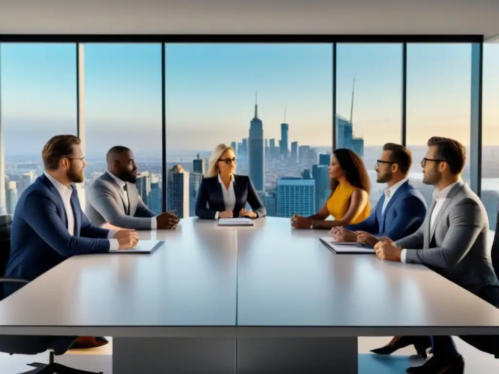 Brainstorming inmobiliario: expertos en estrategias financieras Profesionales en mesa de reuniones discutiendo beneficios fiscales promotores inmobiliarios