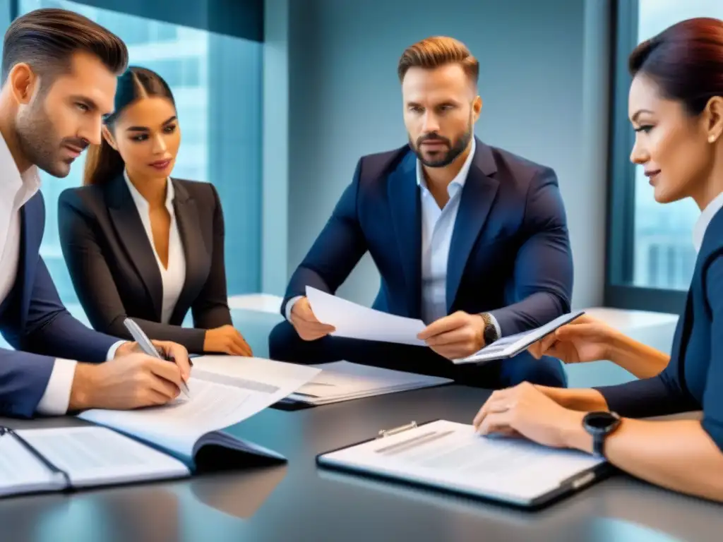 Equipo experto en due diligence inmobiliario Profesionales realizan minuciosa due diligence en oficina moderna