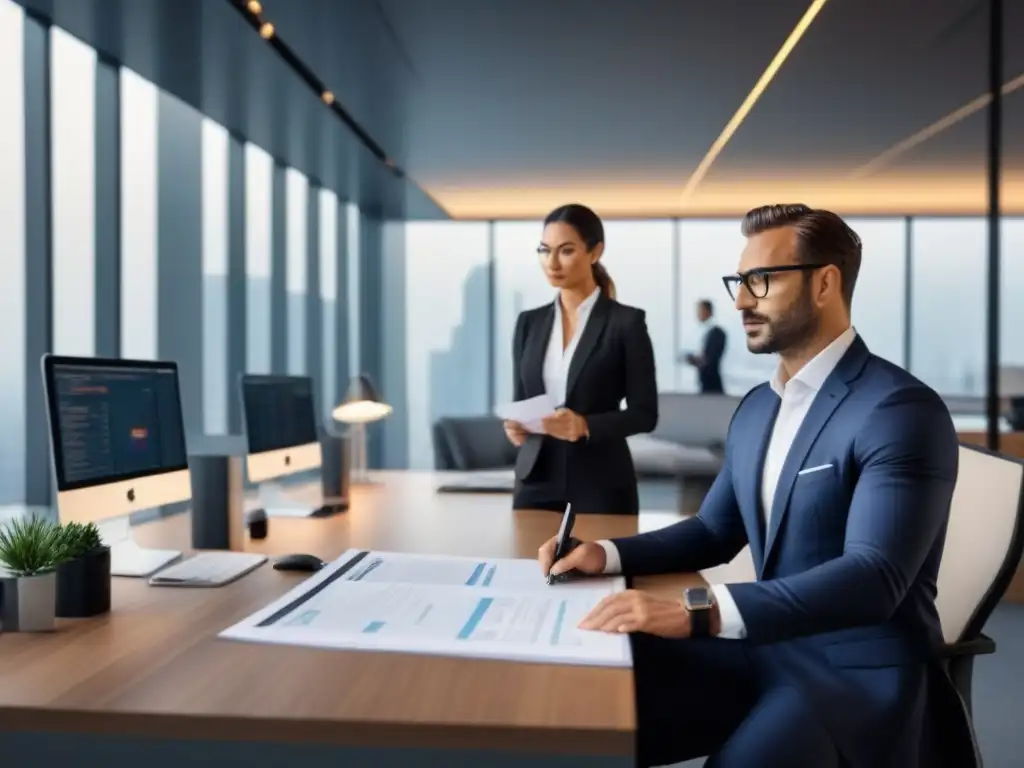Equipo profesional analizando inversiones inmobiliarias internacionales Profesionales realizando un minucioso proceso de due diligence en inversiones inmobiliarias internacionales en una oficina moderna