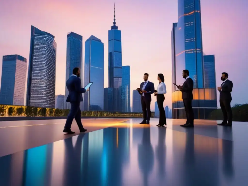 Profesionales colaborando en metrópolis al atardecer Profesionales en moderna ciudad al anochecer, colaborando sobre refinanciamiento mercado inmobiliario impacto