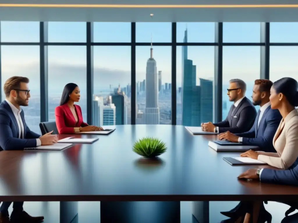 Reunión estratégica en moderna sala de juntas: profesionales comprometidos Profesionales en moderna oficina, planificando inversiones inmobiliarias en periodos de inflación