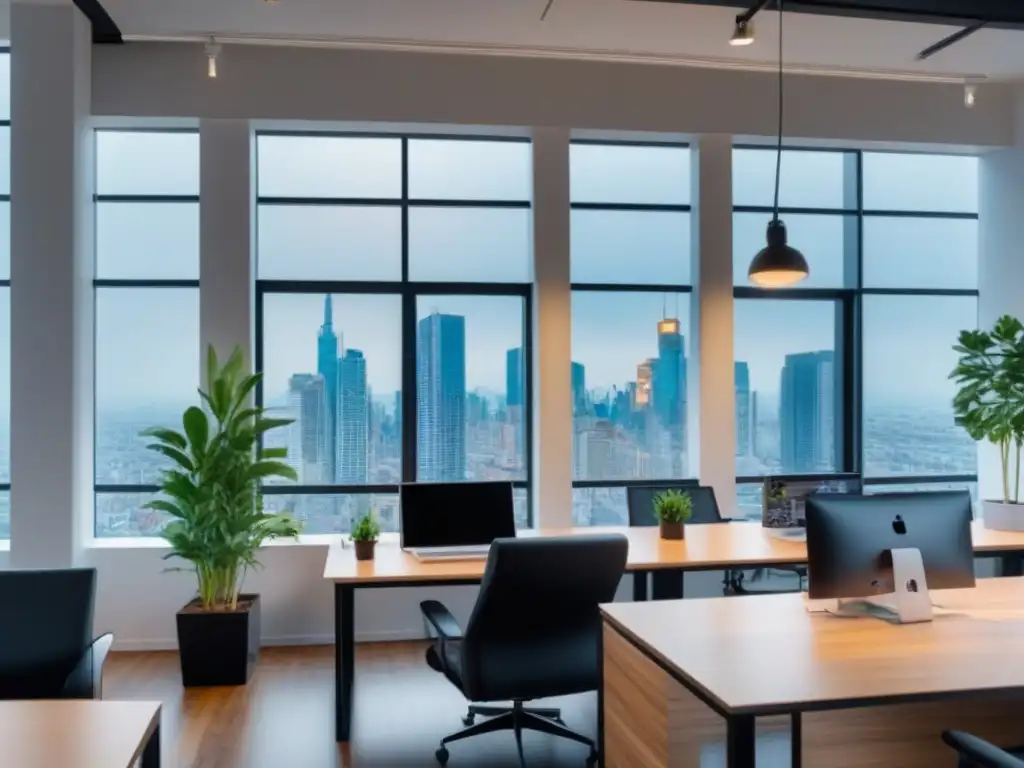 Espacio de coworking moderno y vibrante en la ciudad Profesionales colaborando en un moderno espacio de coworking con vista a la ciudad