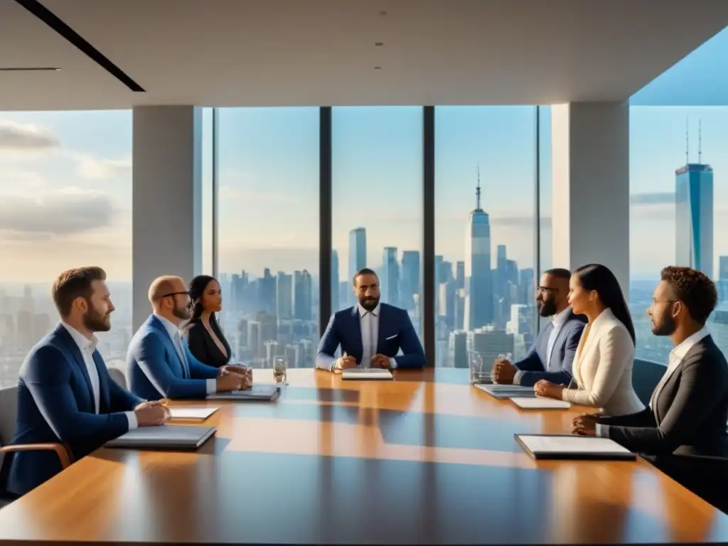 Negociación inmobiliaria: Profesionales determinados en ciudad moderna Profesionales en negociación inmobiliaria, ética y determinación en un elegante entorno de negocios