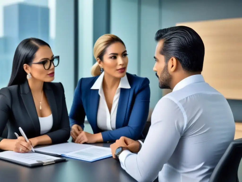 Profesionales debatiendo proyectos de renovación inmobiliaria en México Profesionales discuten normativa local mexicana renovación inmobiliaria en oficina moderna