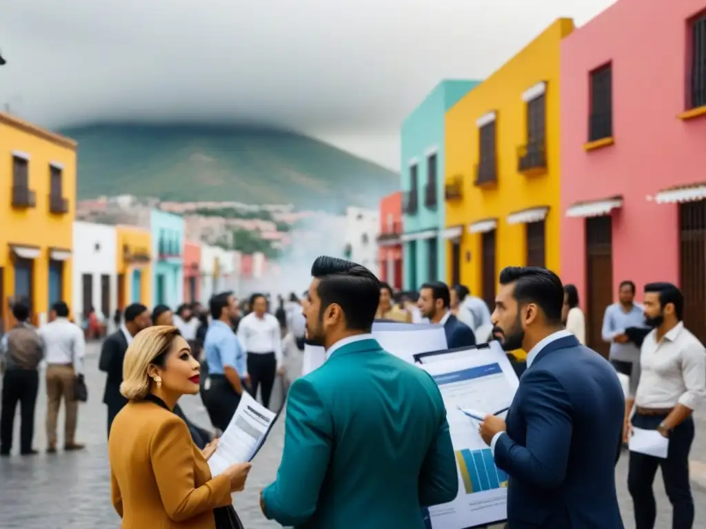 Profesionales colaborando en el mercado inmobiliario de México Profesionales discuten normativas legales mercado inmobiliario en vibrante calle de México
