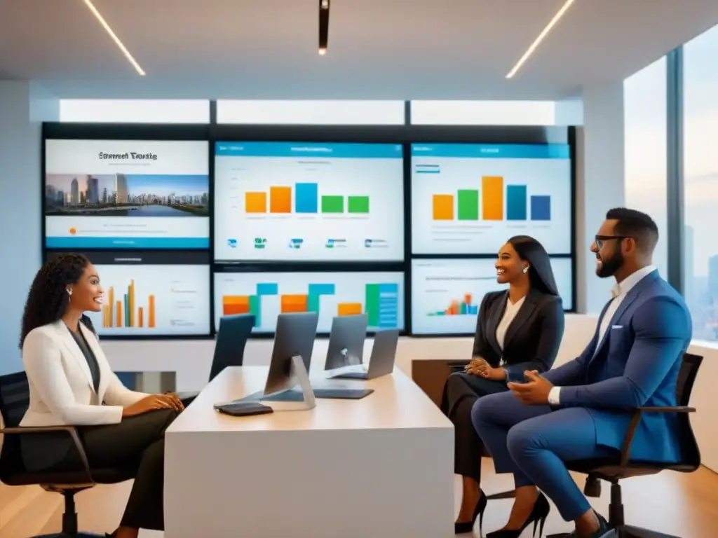 Profesionales debatiendo leyes inmobiliarias en oficina moderna Profesionales debatiendo normativas locales contra fraudes inmobiliarios en oficina moderna