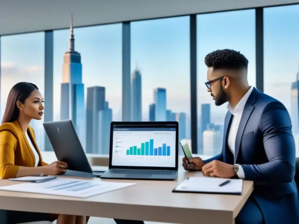Profesionales debaten ofertas de refinanciamiento hipotecario en sala moderna Profesionales comparan ofertas refinanciamiento inmobiliario en moderna sala con vista a la ciudad