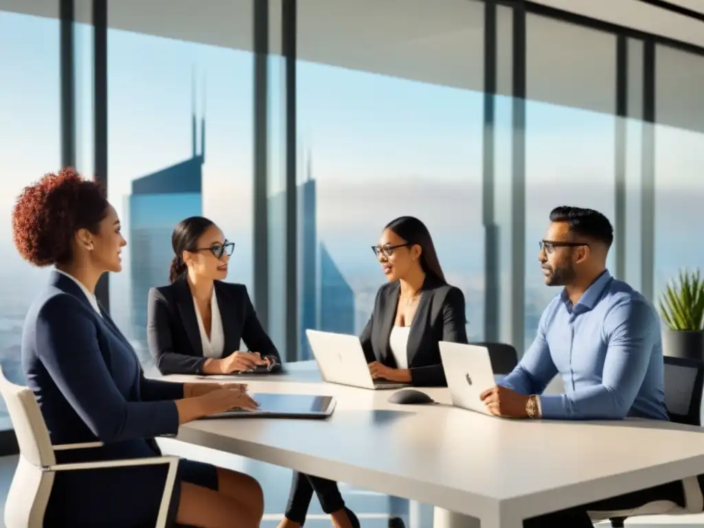 Profesionales colaborando en oficina moderna en España Profesionales colaborando en oficina contemporánea en España