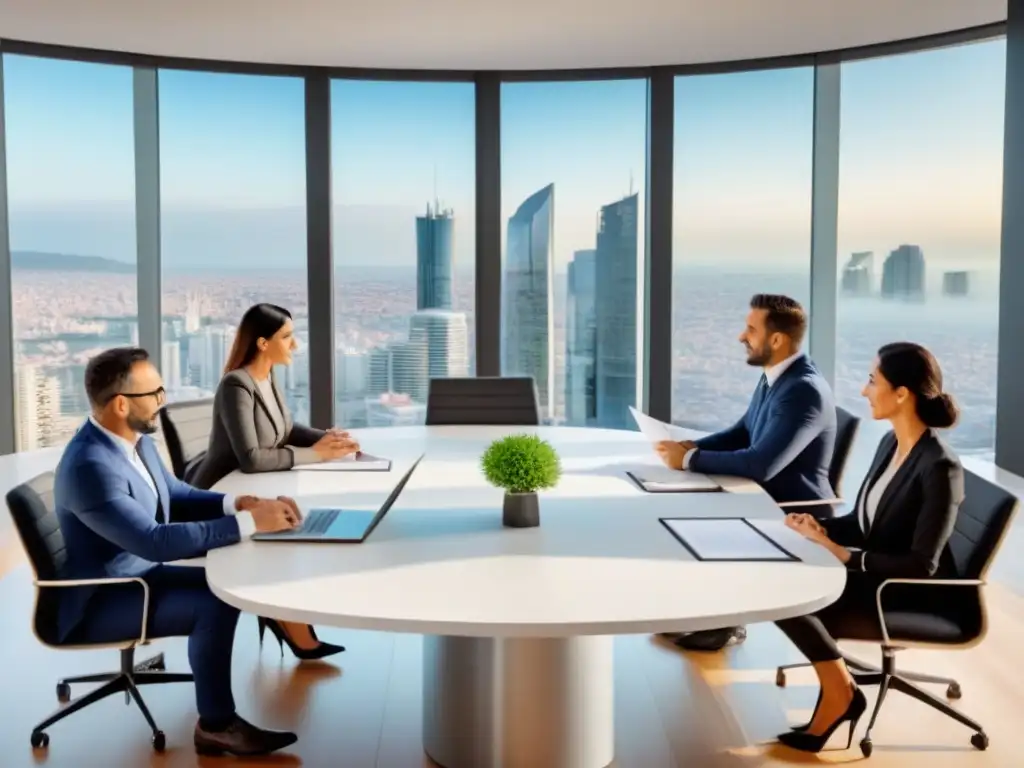 Profesionales debaten inversión inmobiliaria en España Profesionales en una oficina elegante discuten sobre inversión inmobiliaria en España