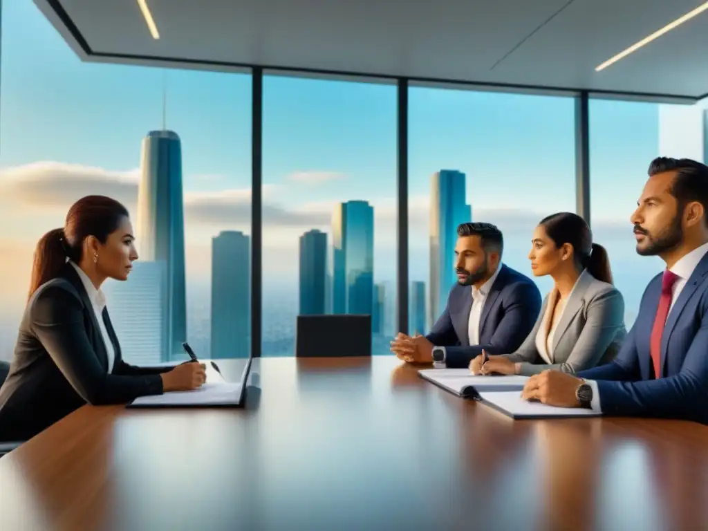 Profesionales debatiendo sobre legislación inmobiliaria en oficina moderna Profesionales en oficina discuten legislación inmobiliaria México actualizada