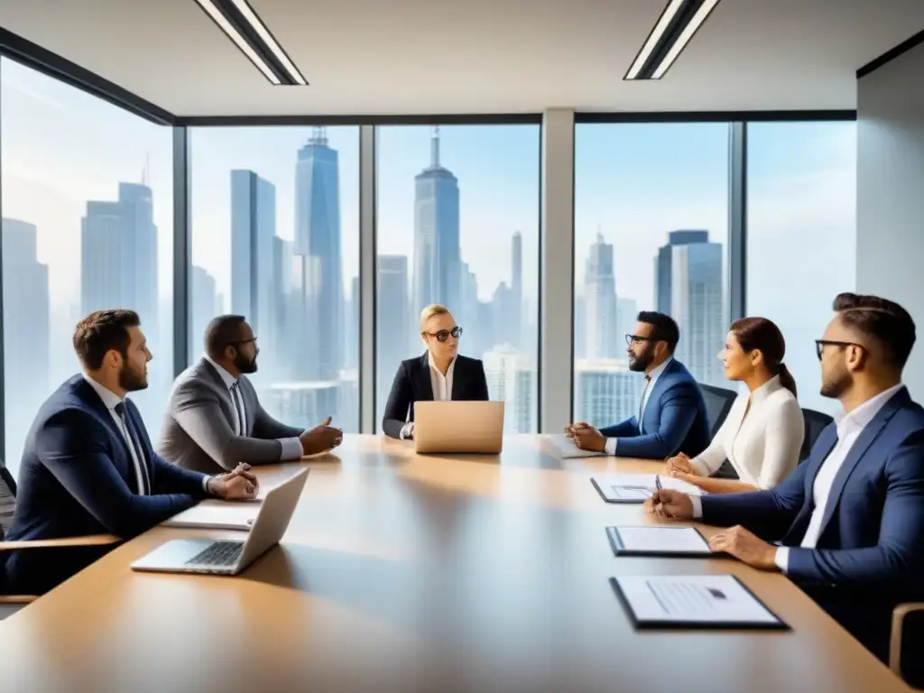 Profesionales colaborativos en sesión estratégica de inversión Profesionales colaborando en una oficina moderna, discutiendo sobre 'Invertir en REITs de nicho'