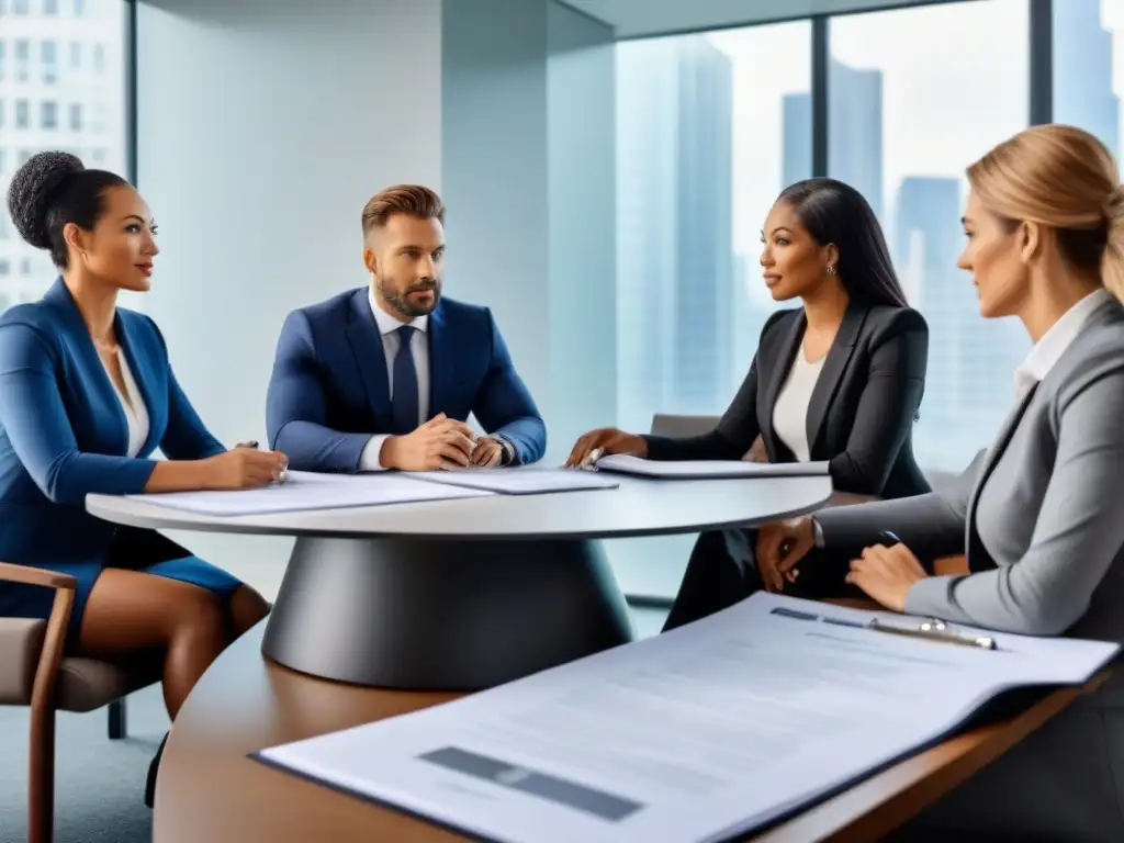 Profesionales en reunión: Real Estate y legal negociación Profesionales discuten en oficina moderna sobre conflictos legales en restauración inmobiliaria