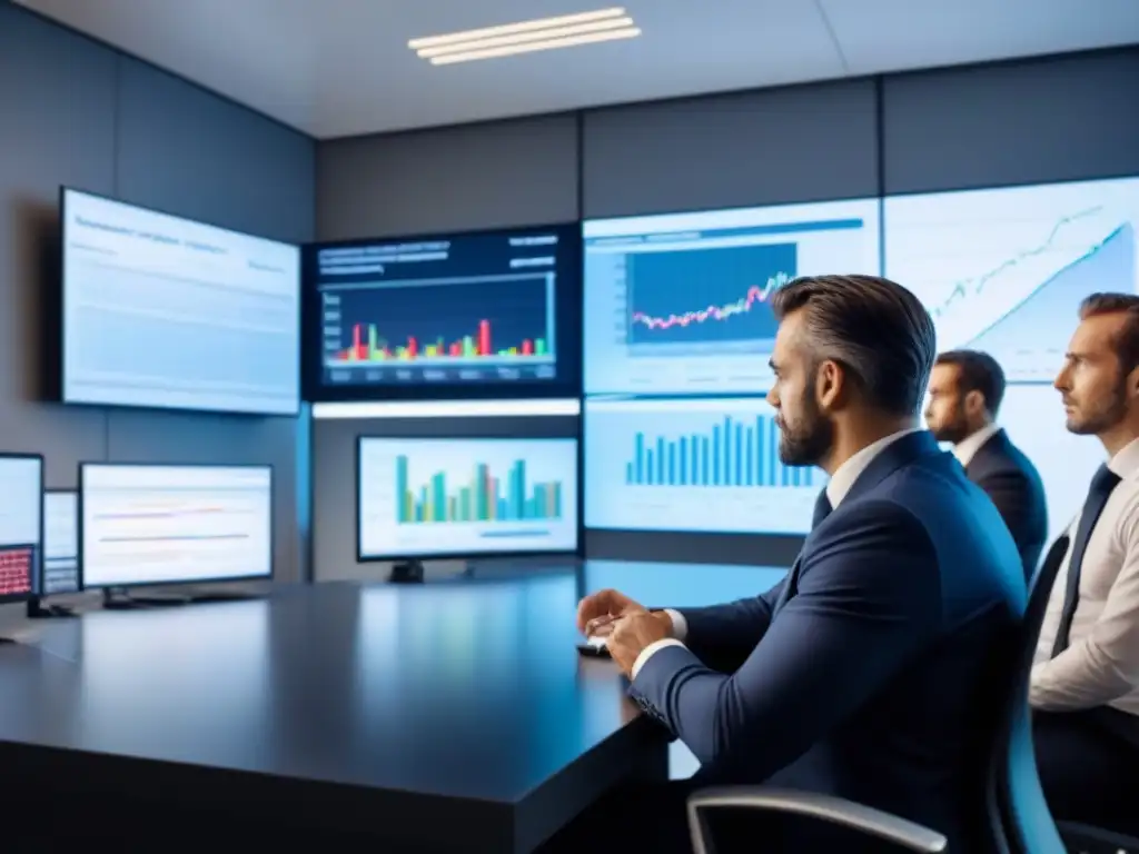 Profesionales en oficina moderna discuten inversión en REITs Profesionales debatiendo sobre invertir en REITs en una oficina moderna durante una crisis económica