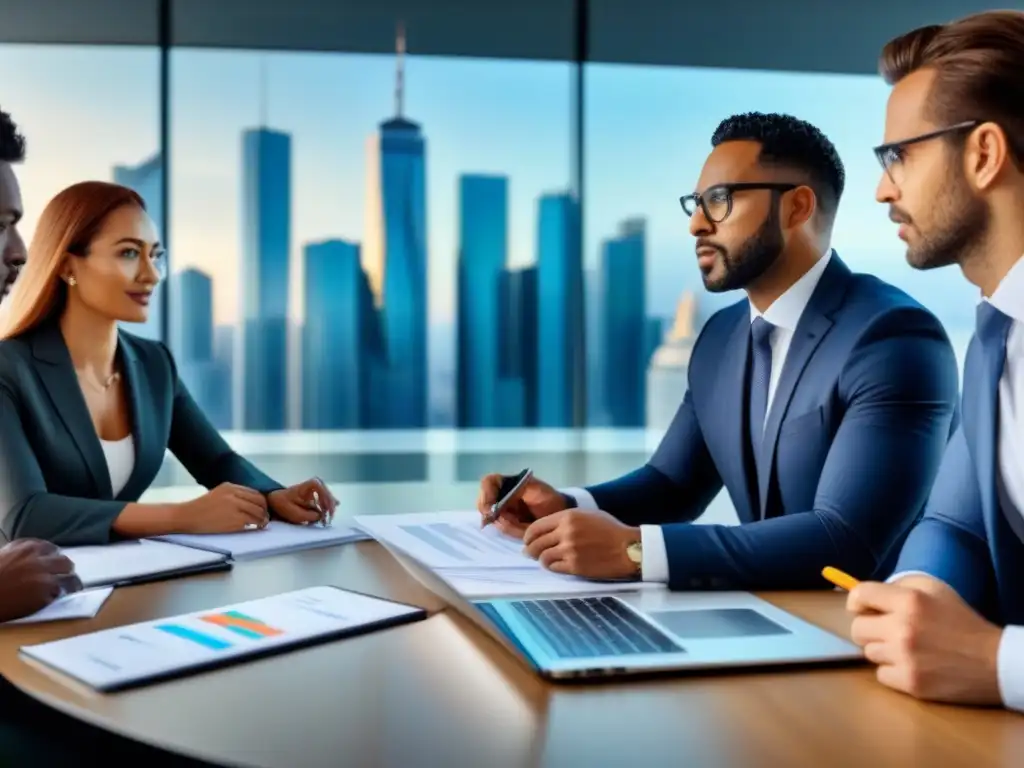 Profesionales discuten inversiones sostenibles en oficina moderna Profesionales en oficina moderna discuten datos financieros