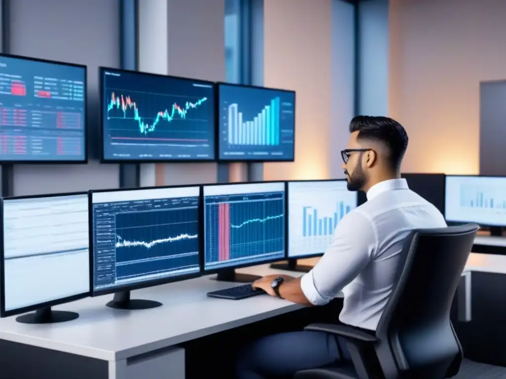 Profesionales analizando tendencias de mercado en oficina moderna Profesionales en oficina moderna analizando datos de mercado en pantallas de computadora