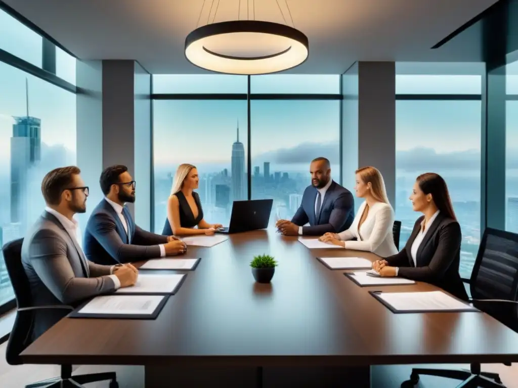 Profesionales en Reunión Estratégica para Transacción Inmobiliaria Profesionales en oficina moderna revisando documentos legales y planos de propiedades