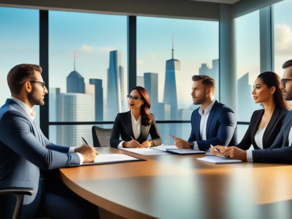 Profesionales expertos debaten estrategias fiscales inmobiliarias Profesionales en oficina moderna discuten estrategias de impuestos en inversiones inmobiliarias