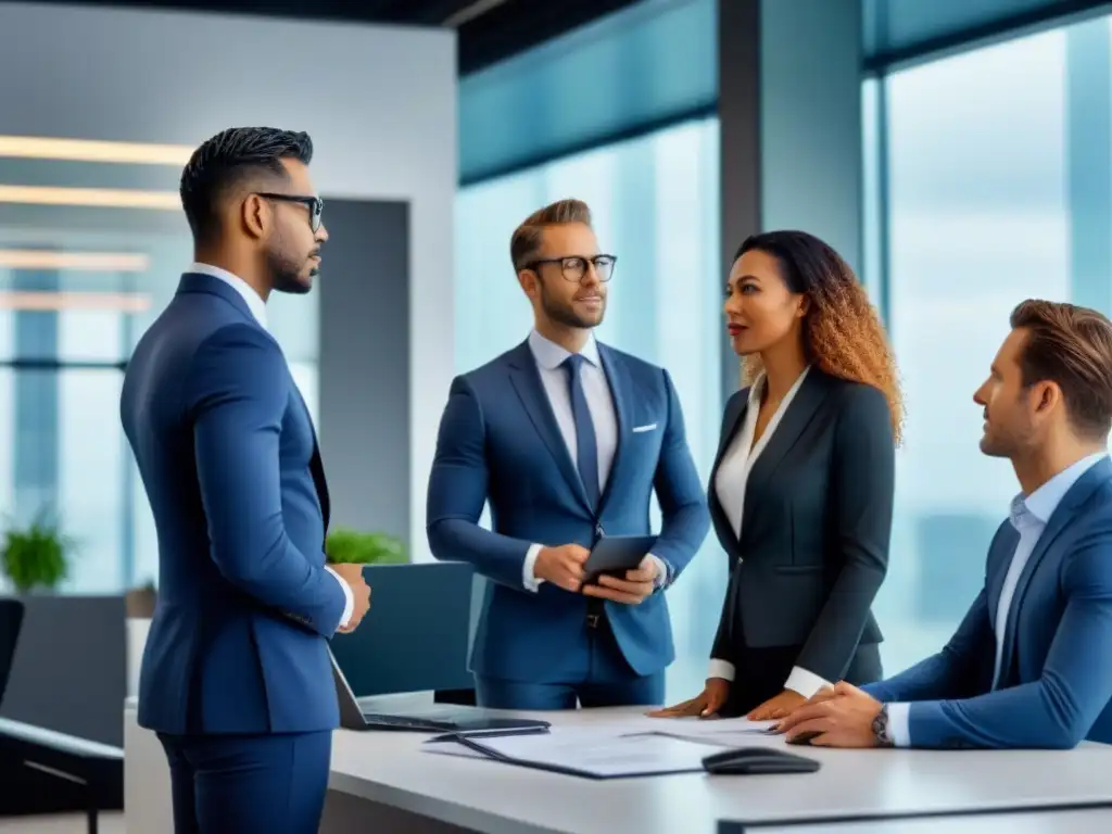 Profesionales diversificados debatiendo estrategias de inversión sustentable en oficina contemporánea Profesionales en oficina moderna discutiendo estrategias de inversiones sostenibles mercado inmobiliario