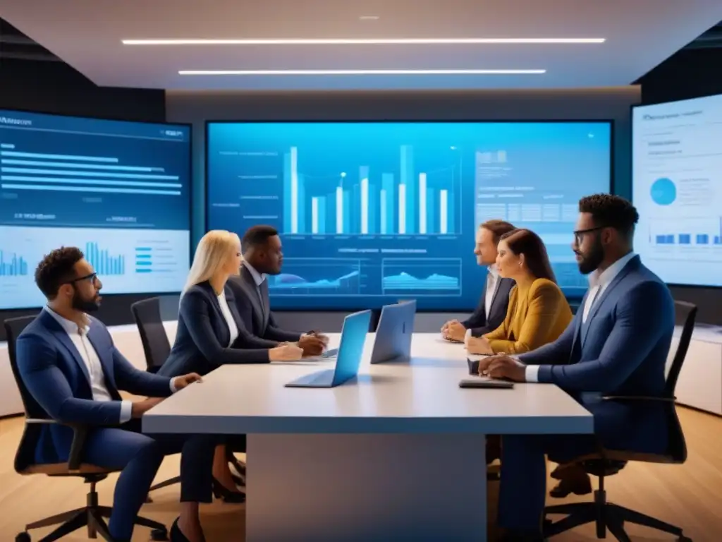 Profesionales innovadores en una oficina futurista Profesionales en oficina moderna discuten financiamiento proyectos espacios comerciales multifuncionales