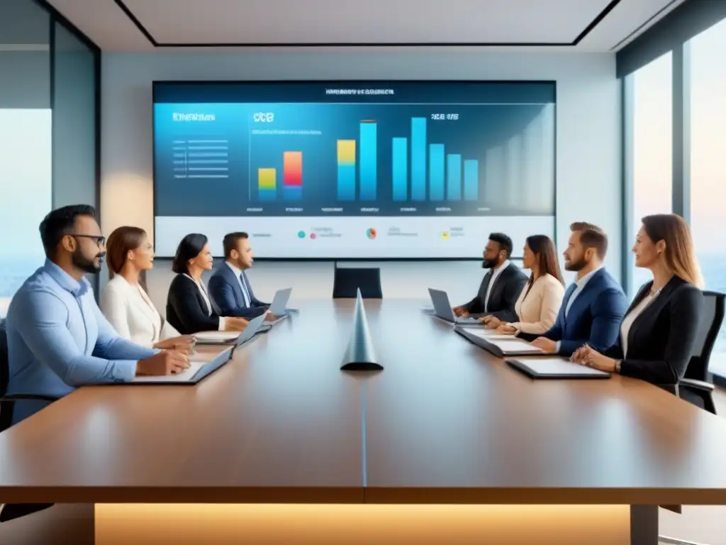 Profesionales en oficina moderna analizan mercado inmobiliario Profesionales colaborando en oficina moderna con gráficos financieros