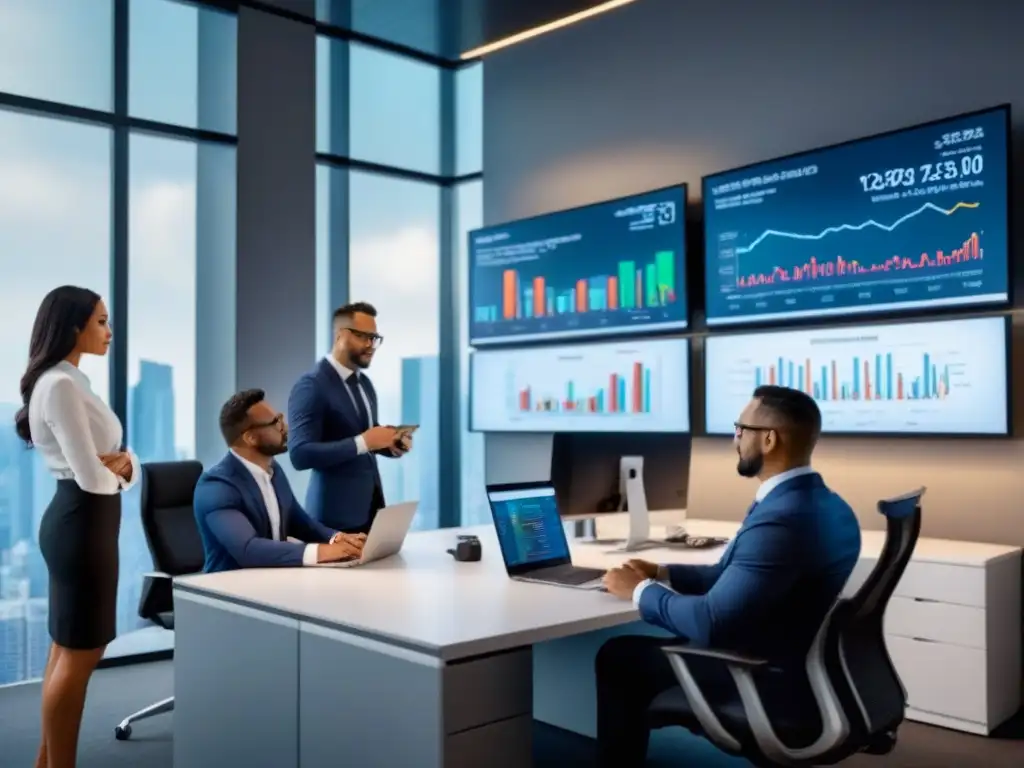 Profesionales analizando carteras de inversión en oficina moderna Profesionales en oficina moderna analizan gráficos financieros