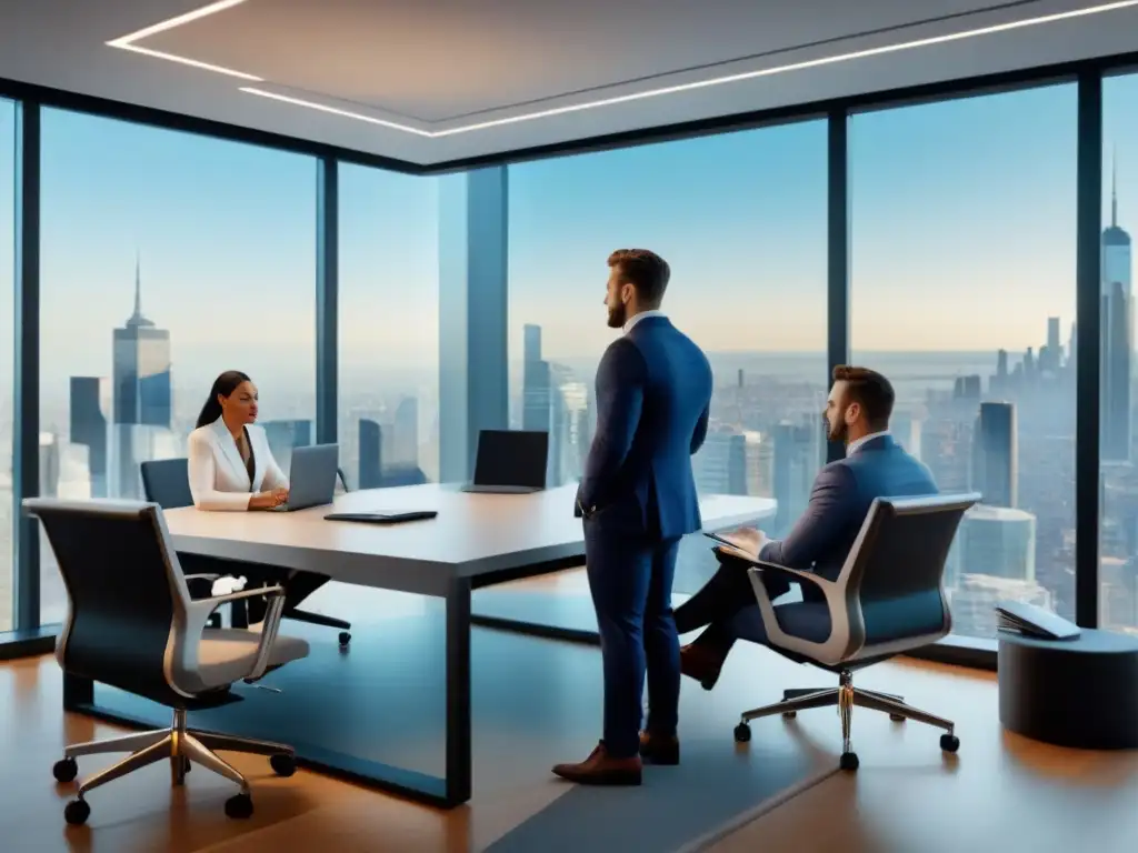 Profesionales expertos en reunión colaborativa en moderna oficina Profesionales en oficina moderna, debaten con gráficos en pantallas