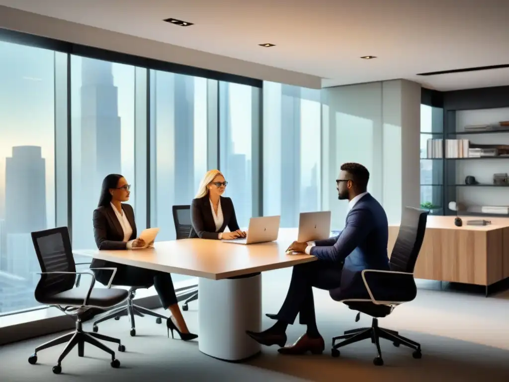Equipo diverso en oficina moderna: inversión inmobiliaria internacional Profesionales colaborando en una oficina moderna, discutiendo inversiones en bienes raíces extranjeros
