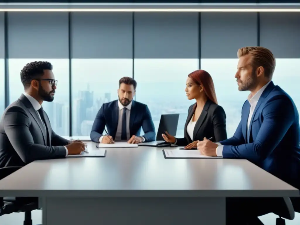 Profesionales colaborando contra corrupción inmobiliaria Profesionales colaborando en oficina moderna, luchando contra corrupción en mercado inmobiliario