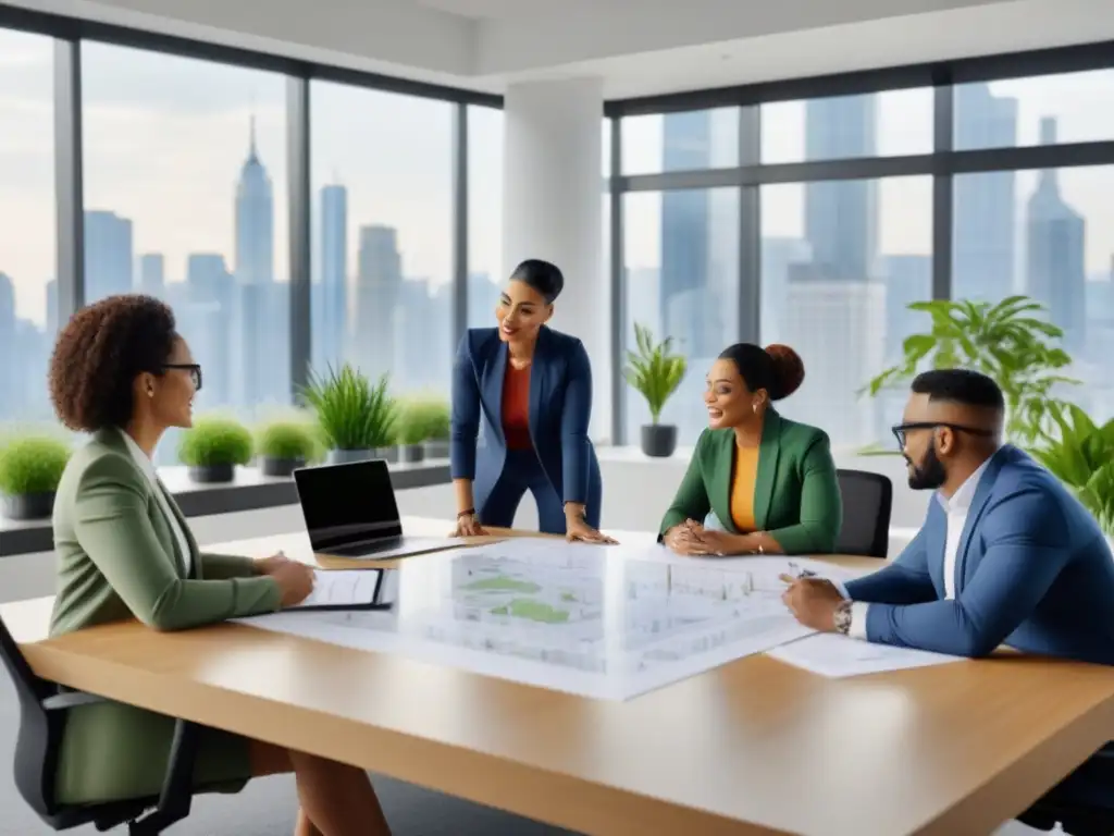 Equipo diverso en oficina moderna con ética y sostenibilidad Profesionales diversos colaboran en oficina moderna con ética en el mercado inmobiliario