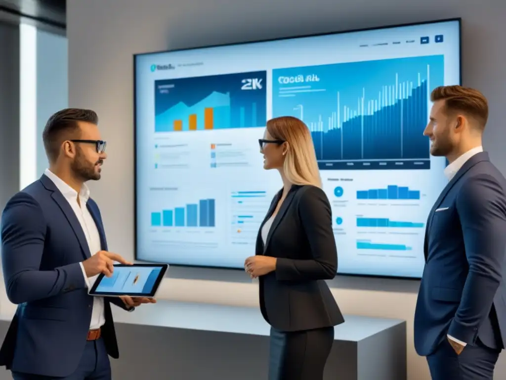 Profesionales analizando datos de inversión inmobiliaria en oficina moderna Profesionales en oficina moderna analizan redes sociales para inversión en propiedades comerciales