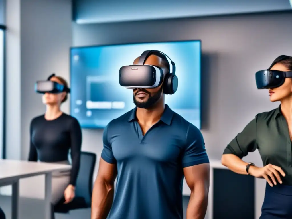 Profesionales en VR en oficina moderna Profesionales en oficina moderna invierten en tecnología de Realidad Virtual
