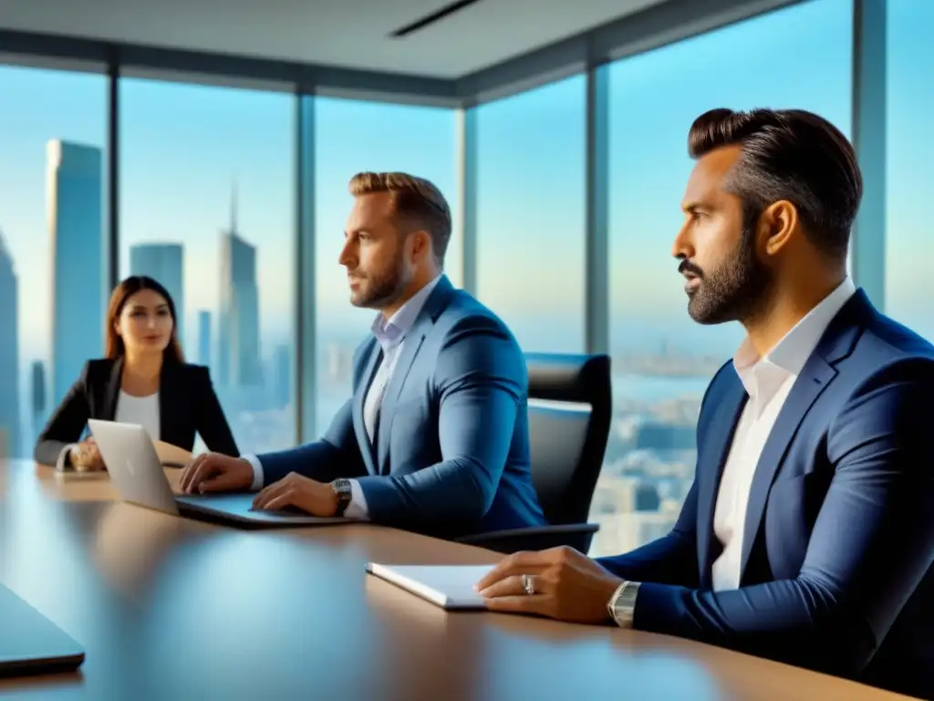 Profesionales innovadores en sesión de brainstorming en oficina moderna Profesionales colaborando en oficina moderna con vista a la ciudad