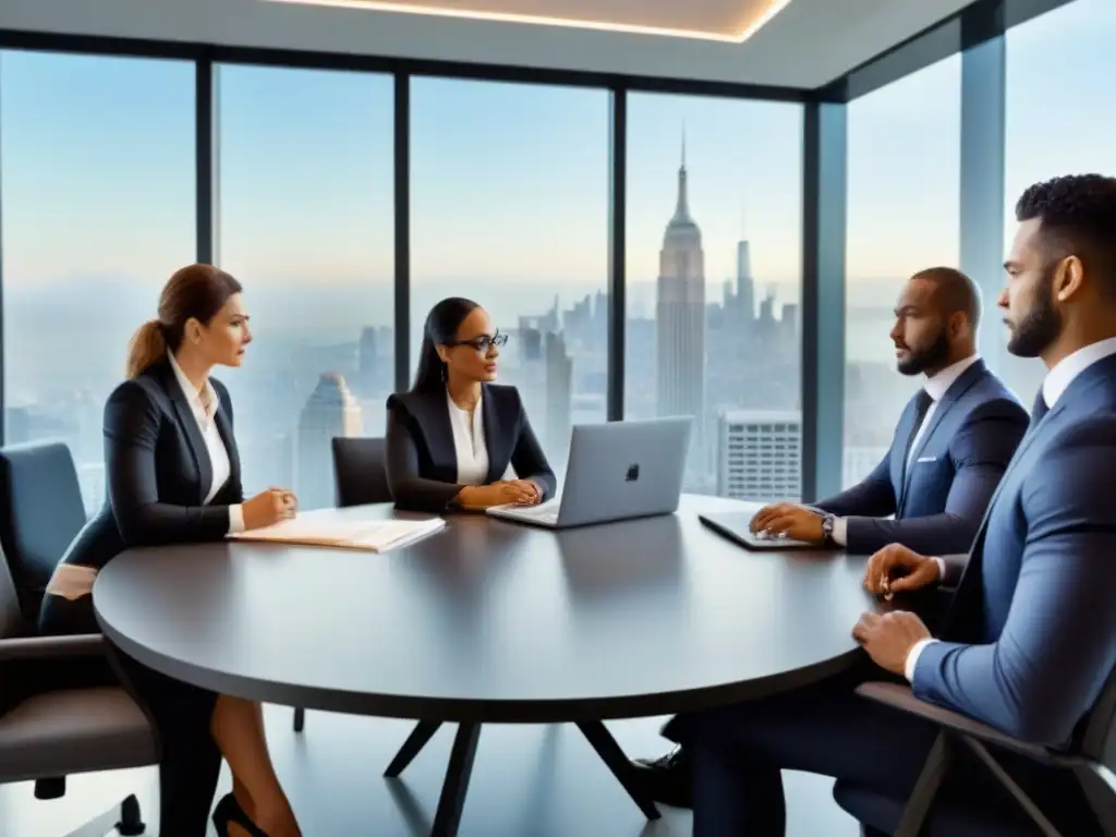 Profesionales colaborando en reunión de negocios Profesionales discutiendo en oficina moderna