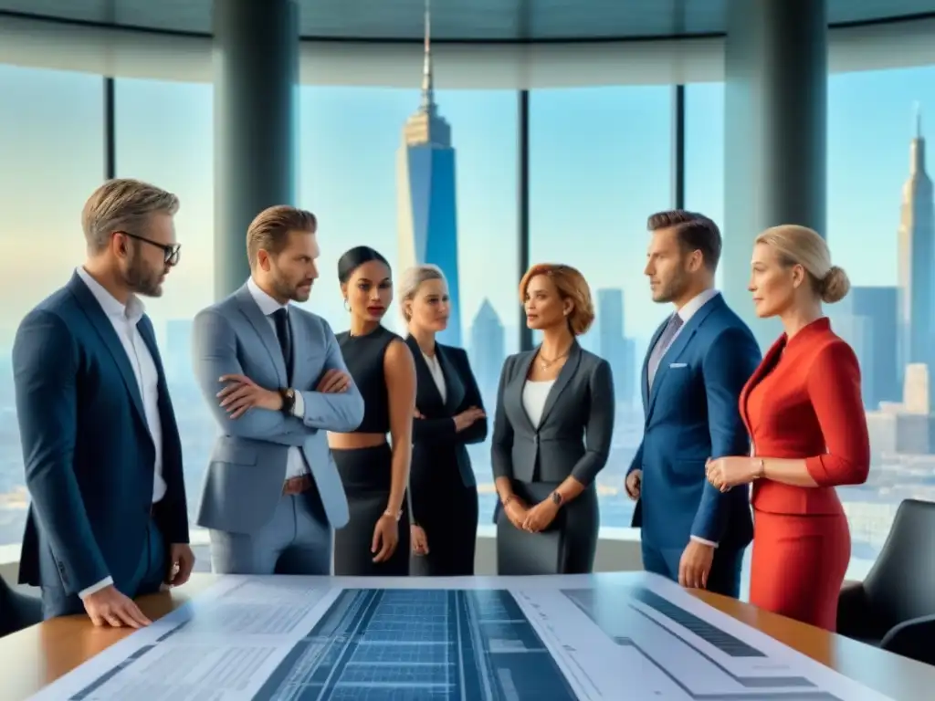 Reunión de arquitectos y abogados en sala moderna con vista histórica Profesionales discuten planos y documentos legales en sala moderna con vista a la ciudad histórica