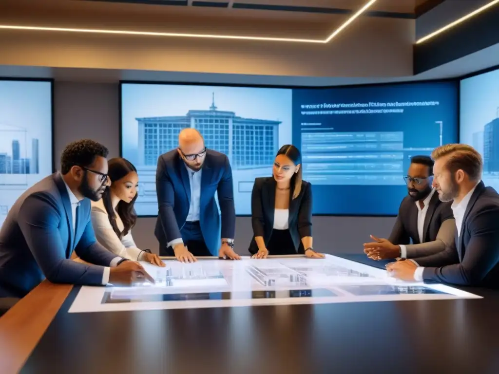 Equipo de arquitectos y ingenieros colaborando en diseño sostenible Profesionales discuten planos y modelos de edificio sostenible en reunión con gadgets y Código Internacional de Construcción Inmobiliaria