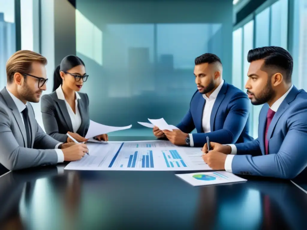 Reunión dinámica sobre políticas monetarias y REIT en oficina moderna Profesionales discuten sobre políticas monetarias y rendimiento REITs en una oficina moderna y colaborativa