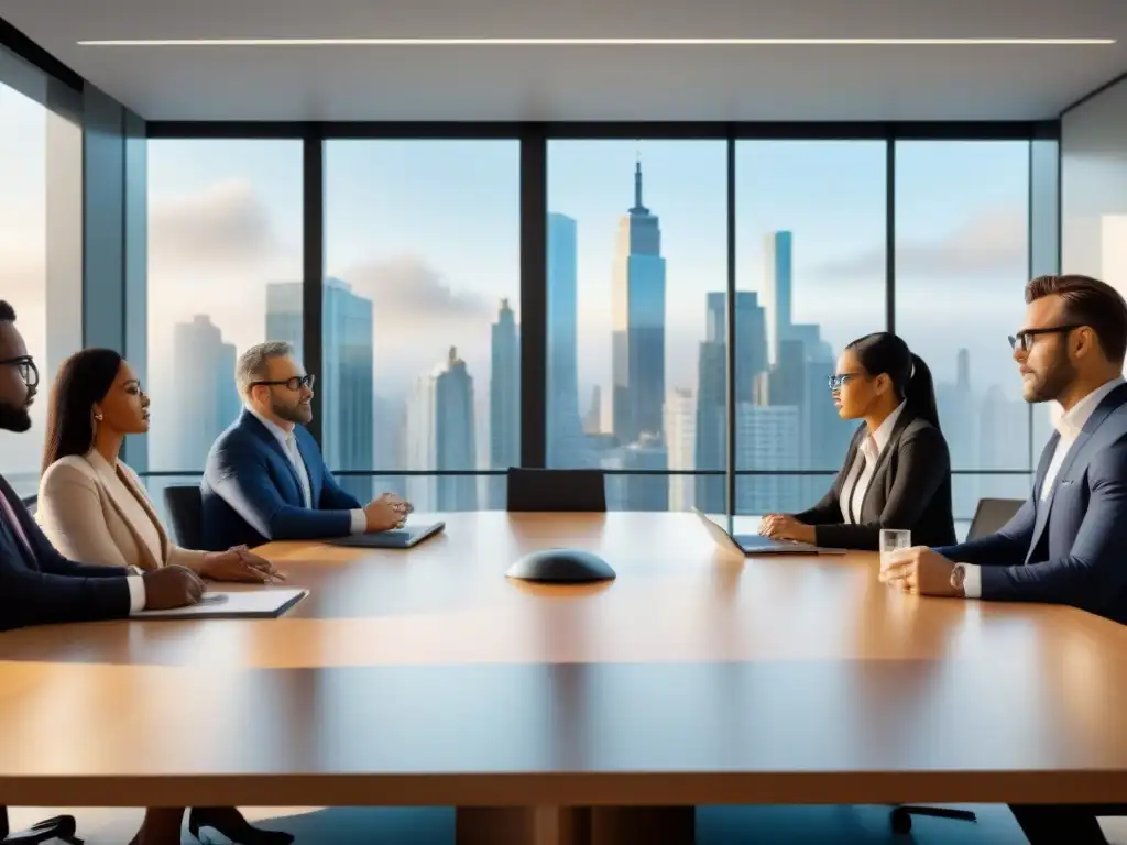 Equipo diverso en reunión de negocios en oficina moderna Profesionales colaborando en proyecto de due diligence inversiones inmobiliarias internacionales en oficina moderna