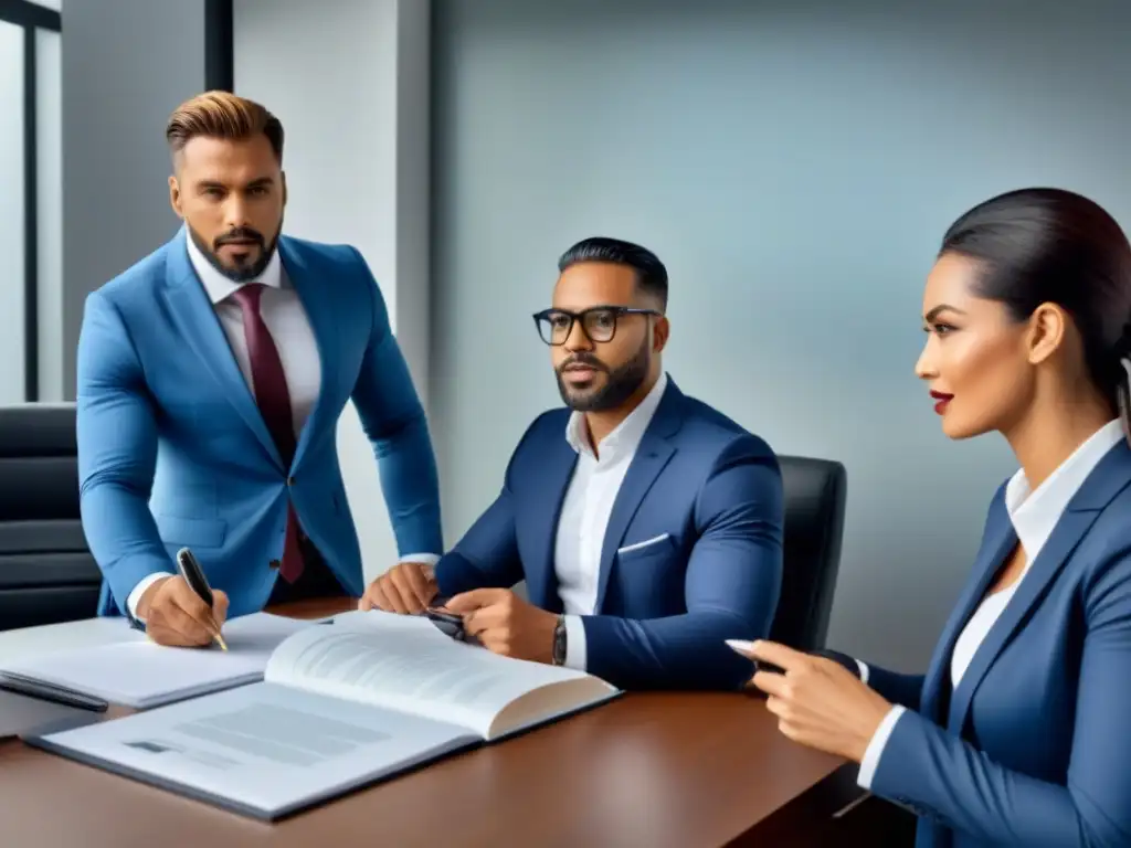 Profesionales debatiendo contratos en oficina moderna Profesionales de diversas ramas discuten documentos legales en una oficina elegante