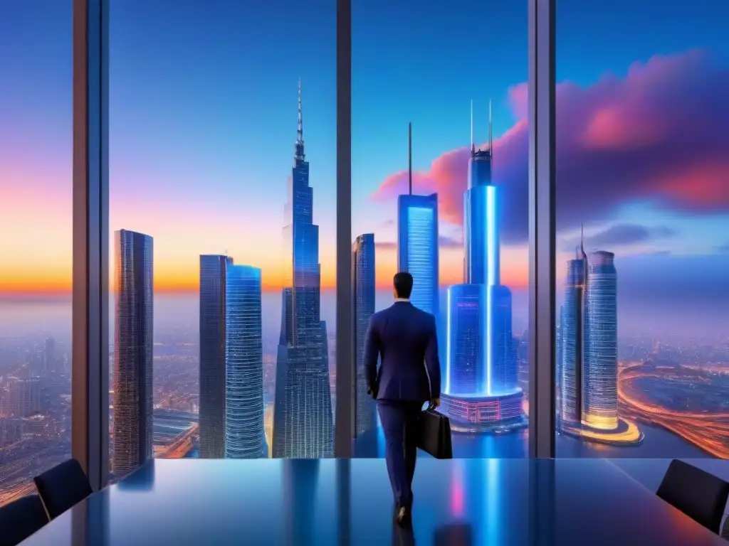 Innovadora reunión de profesionales en ciudad futurista Profesionales debatiendo sobre regulaciones de conservación en inversión inmobiliaria en una ciudad futurista