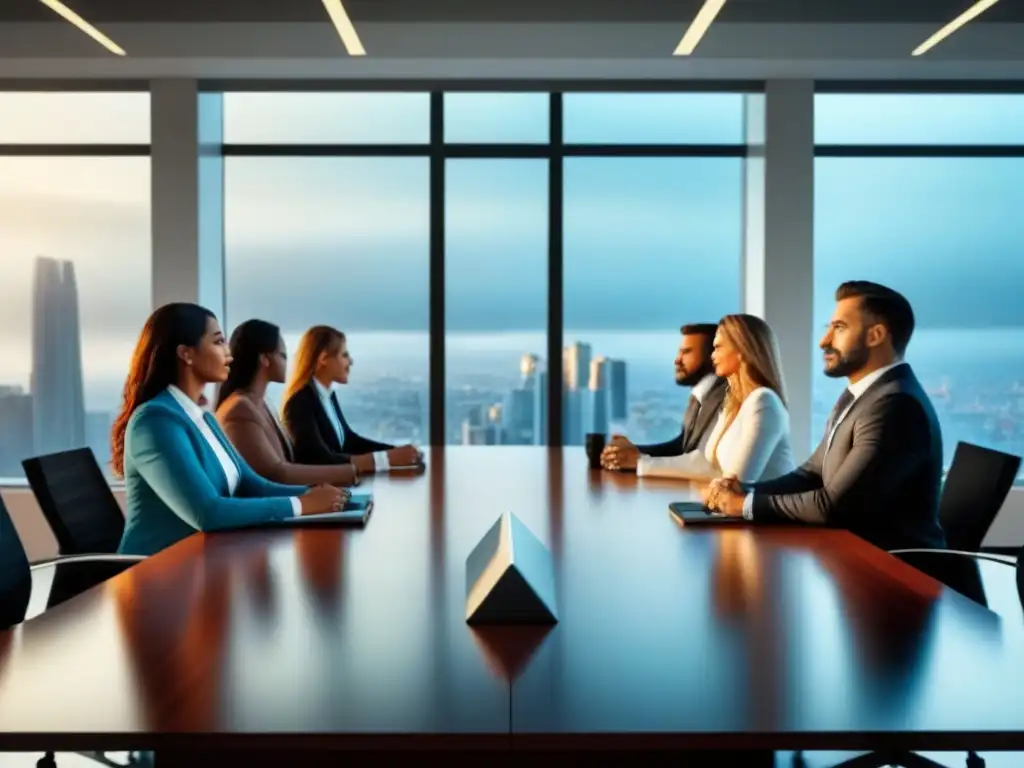 Reunión de profesionales diversa en oficina moderna Profesionales debatiendo con respeto en una oficina moderna, con vista a la ciudad