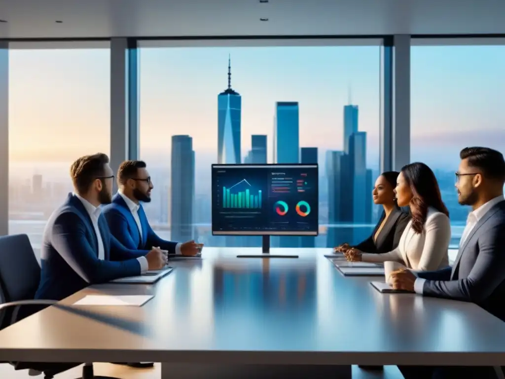 Profesionales diversificados en reunión de inversión inmobiliaria Profesionales en reunión discutiendo datos en sala de juntas moderna con skyline de ciudad al fondo