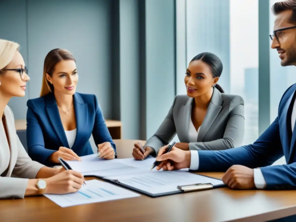 Equipo profesional analizando inversiones inmobiliarias Profesionales en reunión, revisando documentos legales y financieros en oficina moderna