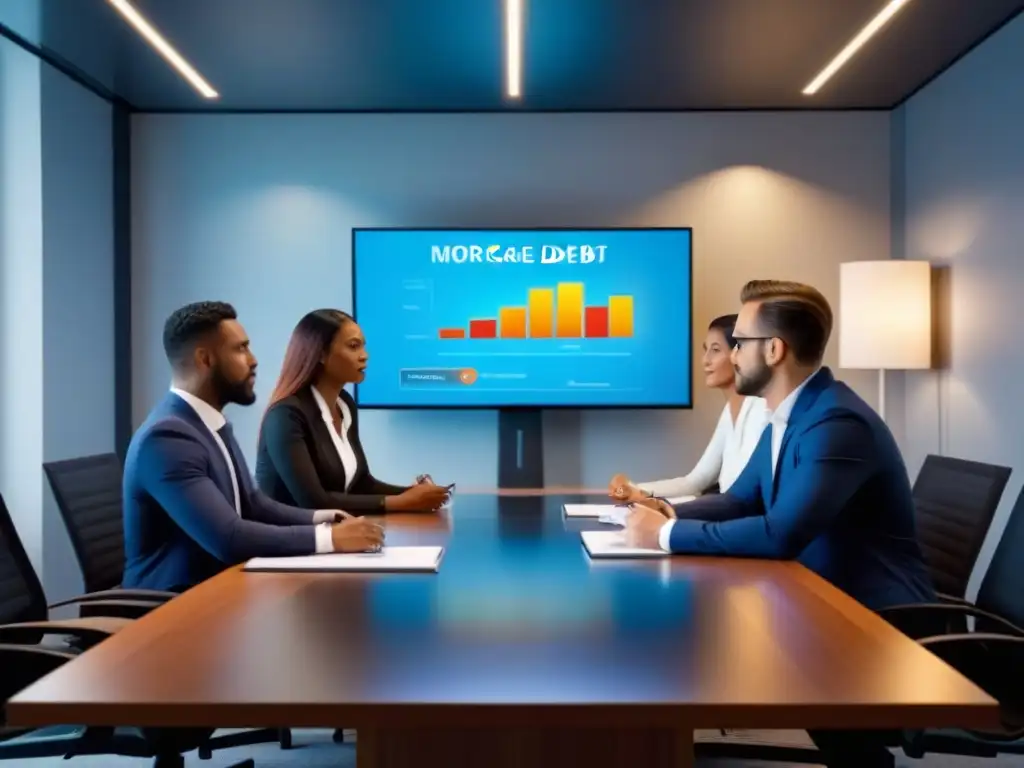 Profesionales en reunión, discutiendo estrategias financieras y gráficos de reducción de deuda hipotecaria en ambiente moderno y sofisticado