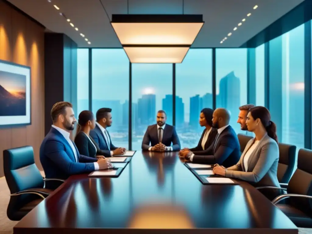 Reunión de negocios en sala de juntas moderna y elegante Profesionales en reunión discutiendo estrategias de refinanciamiento hipoteca inmobiliaria