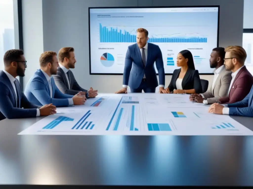 Reunión estratégica de profesionales en oficina moderna Profesionales en reunión estratégica: planificación estrategias salida inversiones inmobiliarias