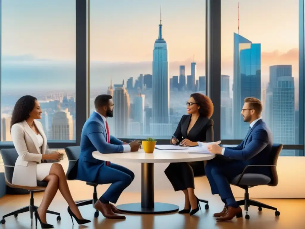 Profesionales expertos en reunión estratégica de inversión inmobiliaria Profesionales en reunión estratégica en moderna oficina