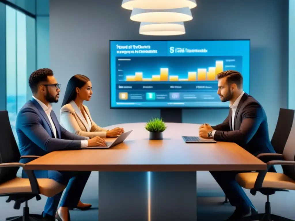 Reunión de expertos en inversiones inmobiliarias online Profesionales en reunión, discuten gráficos financieros en oficina moderna